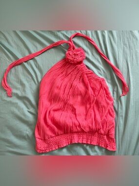 Bebe Coral Pink Lined Halter Flower Tie Neck Top Blouse Size S Women Stylish